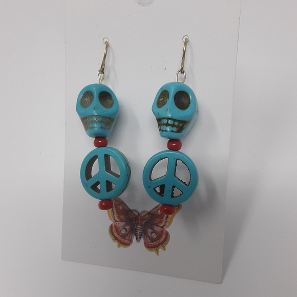 Handmade Skull & Peace Earrings Repurposed Beads ♻ - Picture 6 of 8